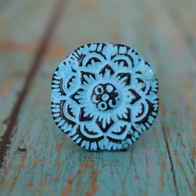 Flat Floral Metal Cabinet Knob in Distressed Blue