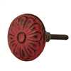 Round Metal Cabinet Knob With Floral Pattern in Distressed Red