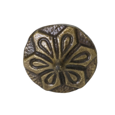 Conical metal cabinet knob in an antique brass finish. The knob is made of cast iron.