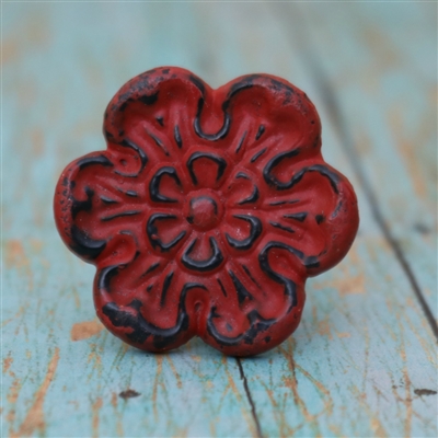 Metal Flower Cabinet Knob in a Red Distressed Finish