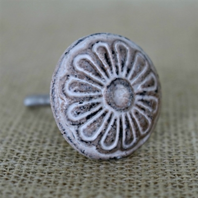 Round Floral Iron Cabinet Knob in Distressed Beige Finish