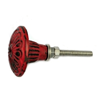 Round Floral Iron Cabinet Knob in Distressed Red Finish