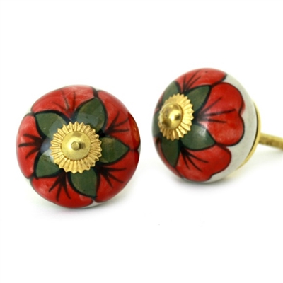 Round Ceramic Cabinet Knob with Red Flower