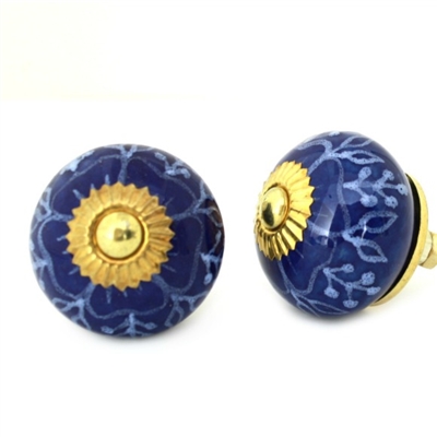 Ceramic Cabinet Knob with Blue Floral Motif