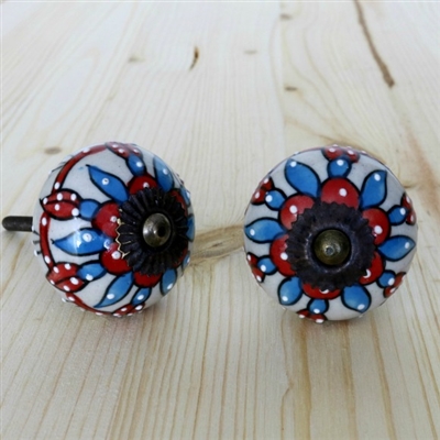 Round Blue & Red Ceramic Cabinet Knob