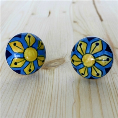 Round Blue & Red Ceramic Cabinet Knob