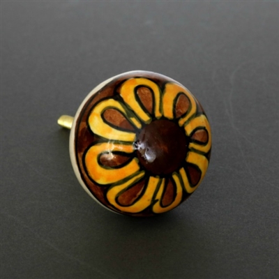 Round Ceramic Cabinet Knob with Yellow and Brown Flower