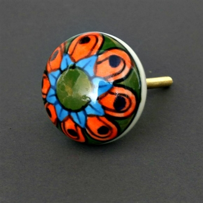 Round Ceramic Cabinet Knob with Orange and Blue Flower