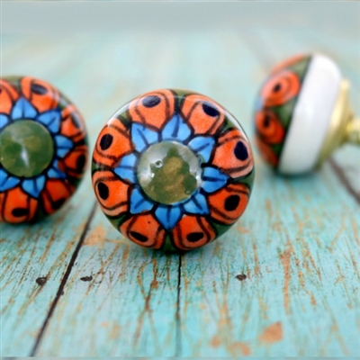 Round Ceramic Cabinet Knob with Orange and Blue Flower