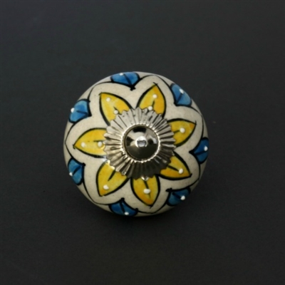 Round Ceramic Cabinet Knob with Yellow and Blue Flower