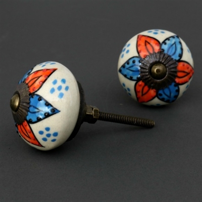 Round Ceramic Cabinet Knob with Orange and Blue Flower