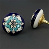 Flat Ceramic Cabinet Knob with a Teal and White Floral Pattern