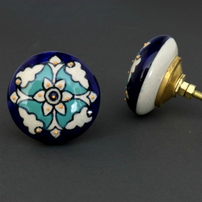 Flat Ceramic Cabinet Knob with a Teal and White Floral Pattern