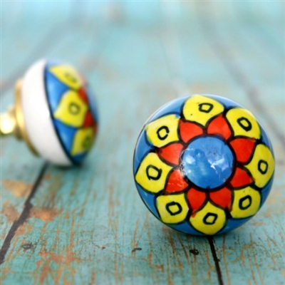 Round Ceramic Cabinet Knob with Yellow and Blue Flower