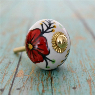 Ceramic Cabinet Knob with a Red Floral Design