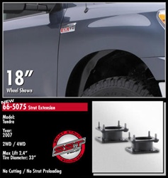 ReadyLift™ kit is the fastest, safest, least expensive way to bring the front of your NEW 2007 TOYOTA TUNDRA level with the rear. This gives you the clearance and ability to add wheels and tires up to 33" in diameter.