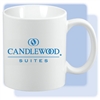 Candlewood Suites 11-ounce C-handle white ceramic coffee mug with blue Candlewood Suites logo. Perfect for meeting rooms or as low-cost gifts. Minimum order: 72 pcs.