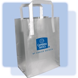 Cambria Suites frosted shopping bag. High-density frosted plastic bag with fused handles and cardboard bottom insert.