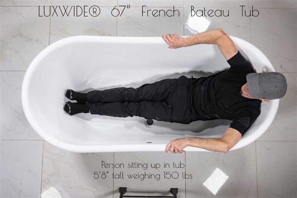 LUXWIDE 'Ginevra-ACHSK67' 67" WHITE CoreAcryl Acrylic French Bateau Skirted  Tub with an Aged Chrome Exterior plus Drain