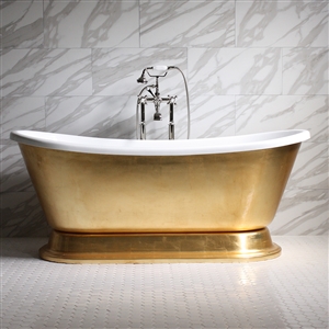 'CLEOPATRA59 59" CoreAcryl WHITE Acrylic French Bateau Pedestal Tub with Umber Wash Aged Gold Leaf Exterior plus Faucet Package