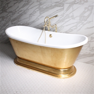 'CLEOPATRA73' 73" CoreAcryl WHITE Acrylic French Bateau Pedestal Tub with Umber Wash Aged Gold Leaf Exterior plus Faucet Package