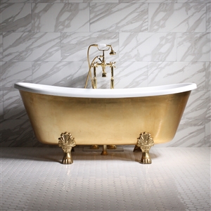 'RAMESSES59' 59" CoreAcryl WHITE Acrylic French Bateau Clawfoot Tub with Umber Wash Egyptian Gold Leaf Exterior plus Faucet Package