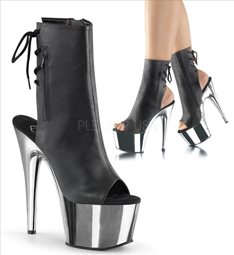 Black Faux Leather Silver Chrome Platform Boot