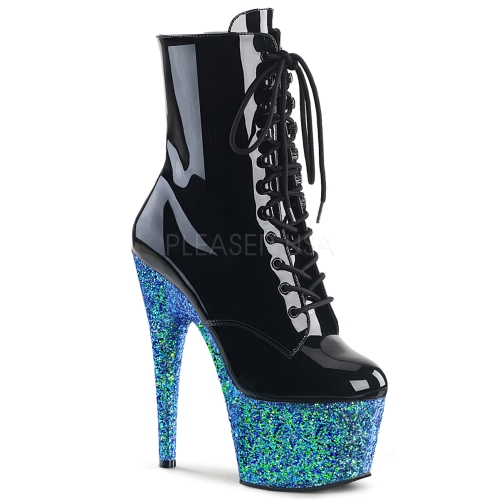 Black Patent Blue Glitter Lace-Up Ankle Boot