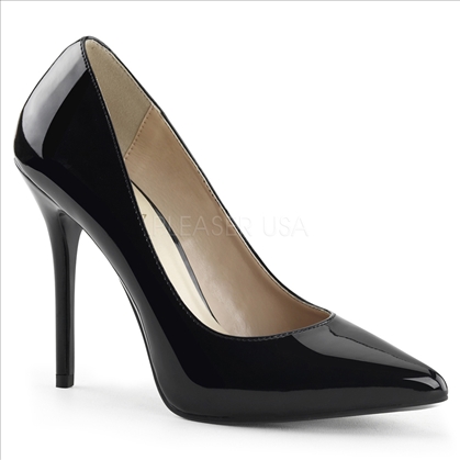 The secret of these shoes is the 3/8 inch hidden platform of the 5 inch stiletto heel in black shiny patent leather and a pointed toe, these are glamour girl ready.
