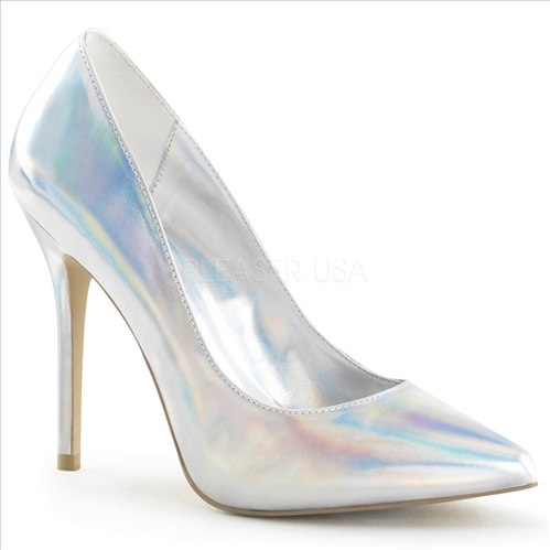 Featured here in silver hologram and a pointed toe, these glamour girl shoes have a 3/8 inch hidden platform and 5 inch stiletto heel. 