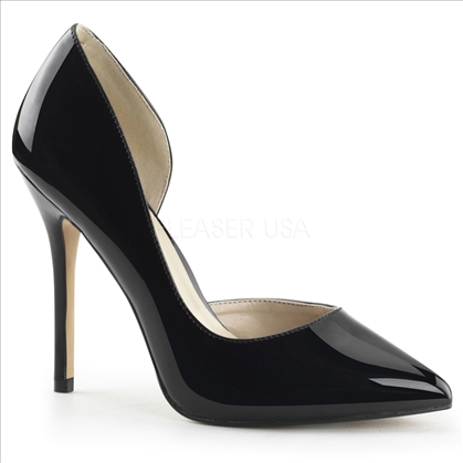 The 3/8 inch hidden platform is featured in these D'Orsay pumps in black patent leather. The pointed toe is sharp with these shoes having an open side look.
