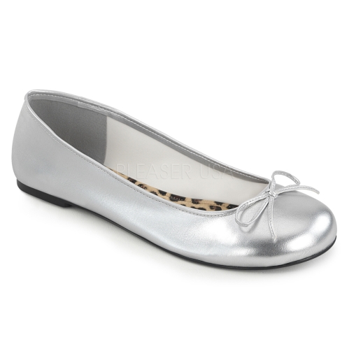 Wear these silver metallic adult ballet flats with a costume or for your dance act. Accented with a classic bow and open style these shoes are easy to slip on.