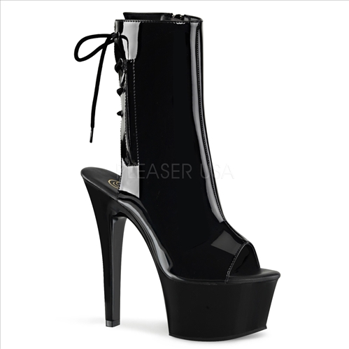 Featuring an open toe and open heel ankle boot shown here in black patent leather and lace up back is a fun and sexy stripper boot.