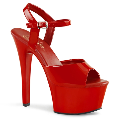 You will look super sexy in these all red, 6 inch heel, 2 1/4 inch platform, popular stripper shoes. Featured with a wider, vegan leather insole and D shaped heel.