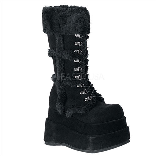 The 4 1/2 inch punk goth stack boot is made of all black vegan suede with the over the calf height.  Featured here with the silver loop, shoe string tie up.