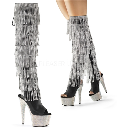 Fringe is in with these knee-high silver simulated rhinestone fringed exotic dance boots featuring black faux leather, multi-rhinestones encrusted heels.