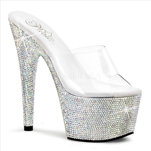 The 7 inch bejeweled rhinestone embellished slide has 10,500 silver rhinestones individually hand laid on the entire bottom of the 2 3/4 inch platform.