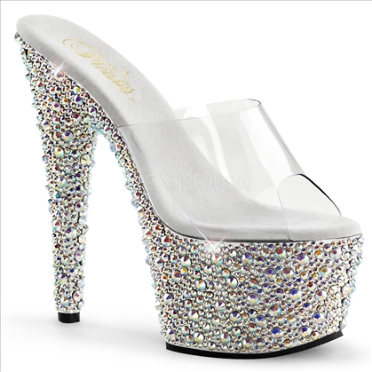 A sophisticated, fully encrusted multi-sized rhinestone shoe has silver rhinestones all over the platform and heel of this stunning stripper shoe.