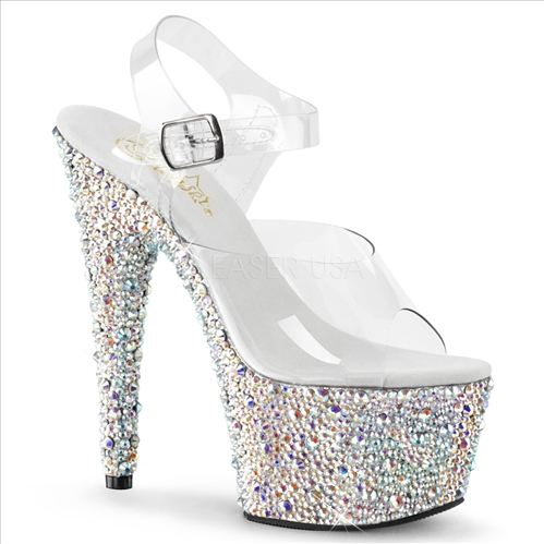 The multistones here reflect kind of a silver and multi color with multiple rhinestone sizes on the full bottom of these 2 3/4 inch platform and 7 inch heels.