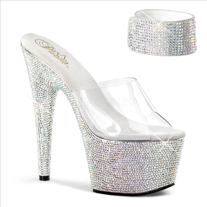 Let them know you are expensive when your sexy walk shows the brilliance of these 7 inch heel, bejeweled slide exotic dance shoe with the Velcro ankle cuff.
