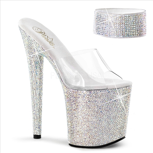 These stunning 8 inch heel, AB crystal rhinestone slide, exotic shoes provide extra sexy height while brilliantly shining in the strip club light. 