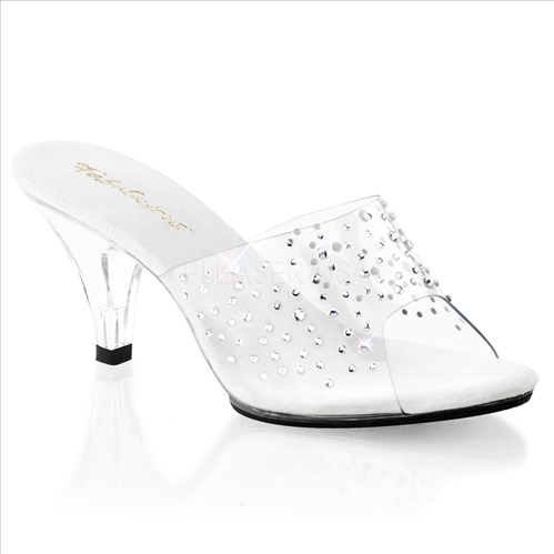 These clear slipper shoes with sprinkled rhinestones on the vamp would've been perfect for Cinderella.  Featuring a 3 inch low profile heel and strapless design.
