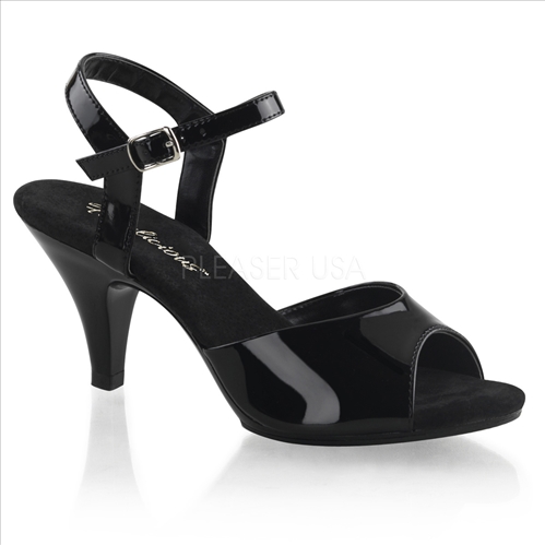 A simple but elegant shoe are these 3 inch heel, ankle strap sandals attractively featured here in black patent leather with an open toe design.