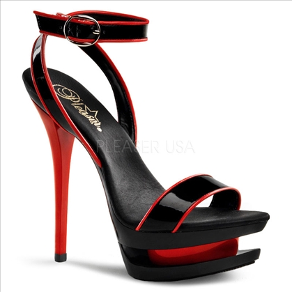 Enjoy your cruise in these wraparound 2 toned ankle strap sandals with contrasting piping. Black and red patent leather with black and red straps Pleaser sandals.