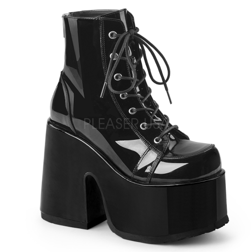 Shiny Black Chunky Heel Lace-Up Ankle Boot