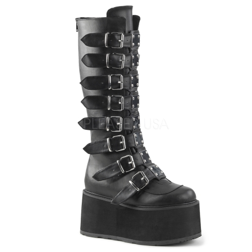 Black Vegan Leather Buckled Strap Knee High Boot