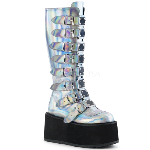 Silver Hologram Knee High Boot 8 Buckle Straps
