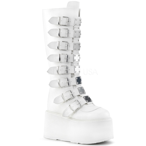 White Vegan Leather Knee High Boot 8 Buckle Straps