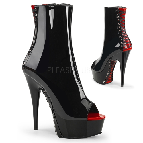 Black Red Patent Peep Toe Corset Style Ankle Boot