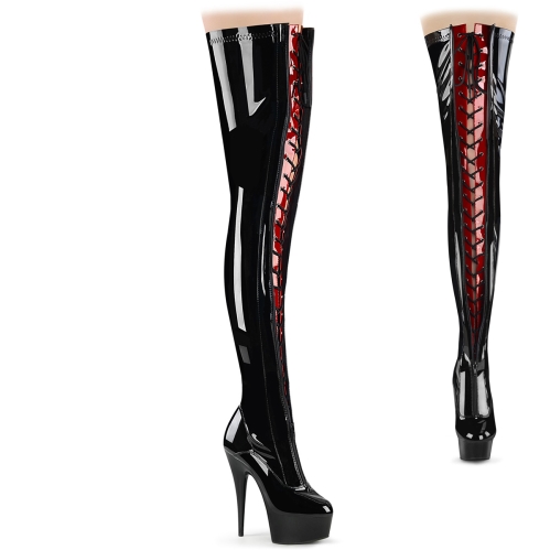 thigh high boots black red stretch. patent black